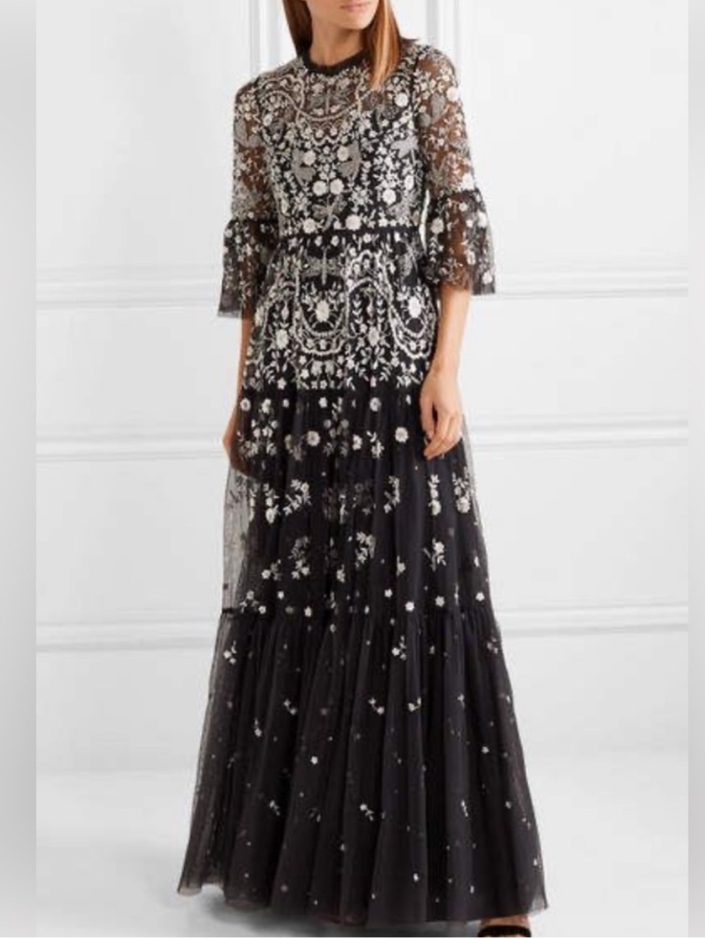 NEEDLE AND THREAD Black Tulle Embroidered Beaded Dragonfly Garden Gown